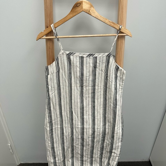 Nude Lucy Brooke Linen Stripe Dress MIDI White Navy Size M Summer Casual 12 - Picture 2 of 5